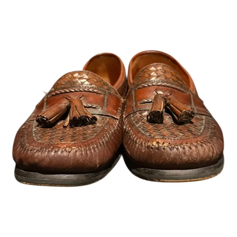Brass Boot Men’s Brown Leather Weave Slip On Tassel Loafer Size 10.5 - Picture 3 of 9